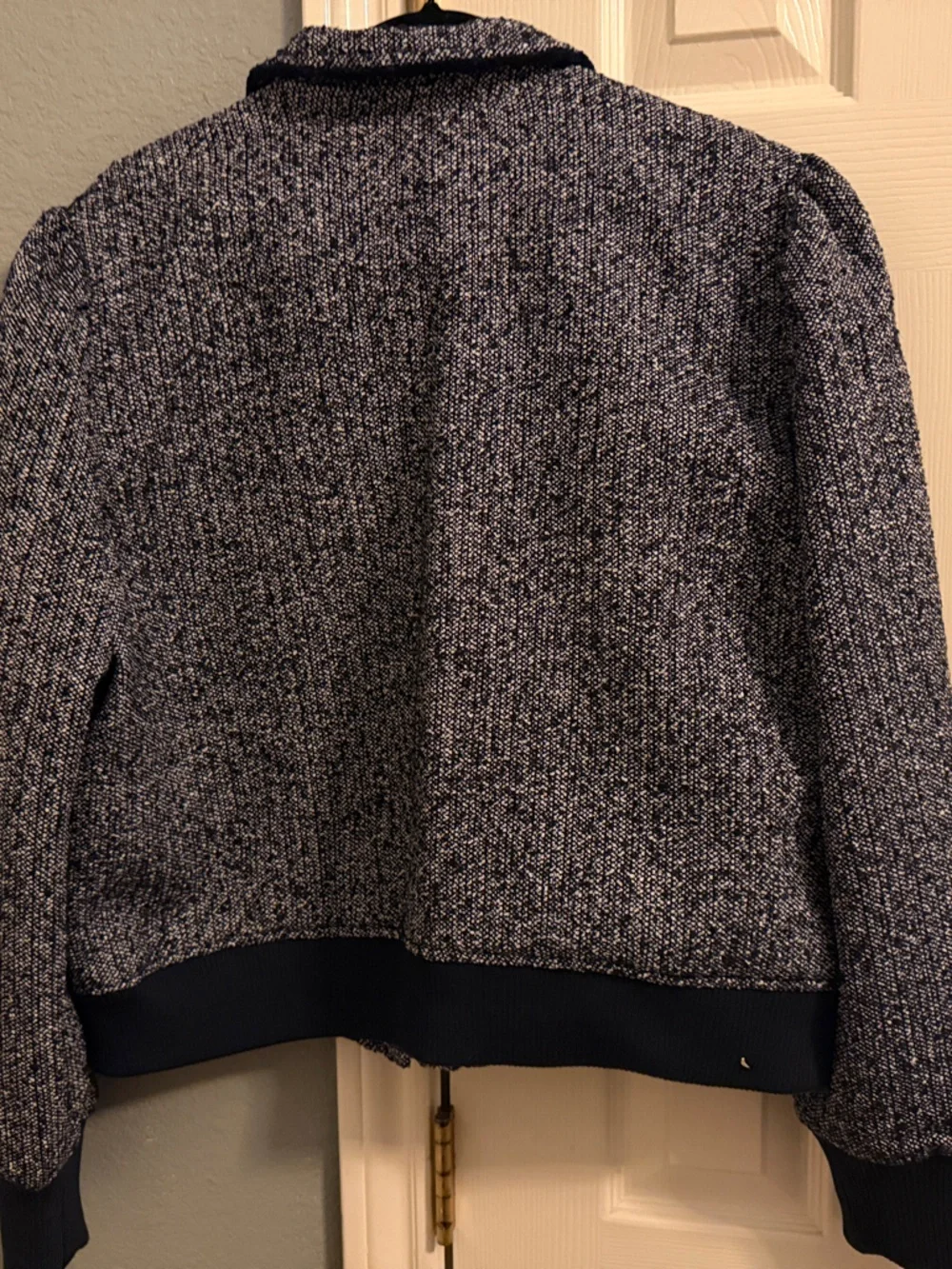 Pleated Tweed Bomber Jacket - Navy/White - Picture 4 of 5